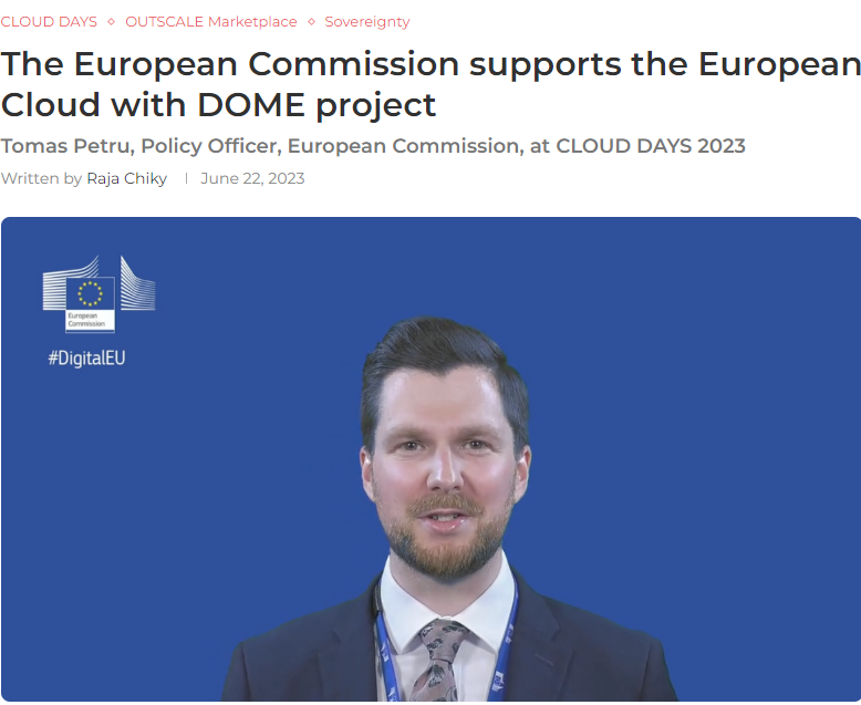 Screenshot of the Outscale blog site with a picture of DOME project Officer on EC background